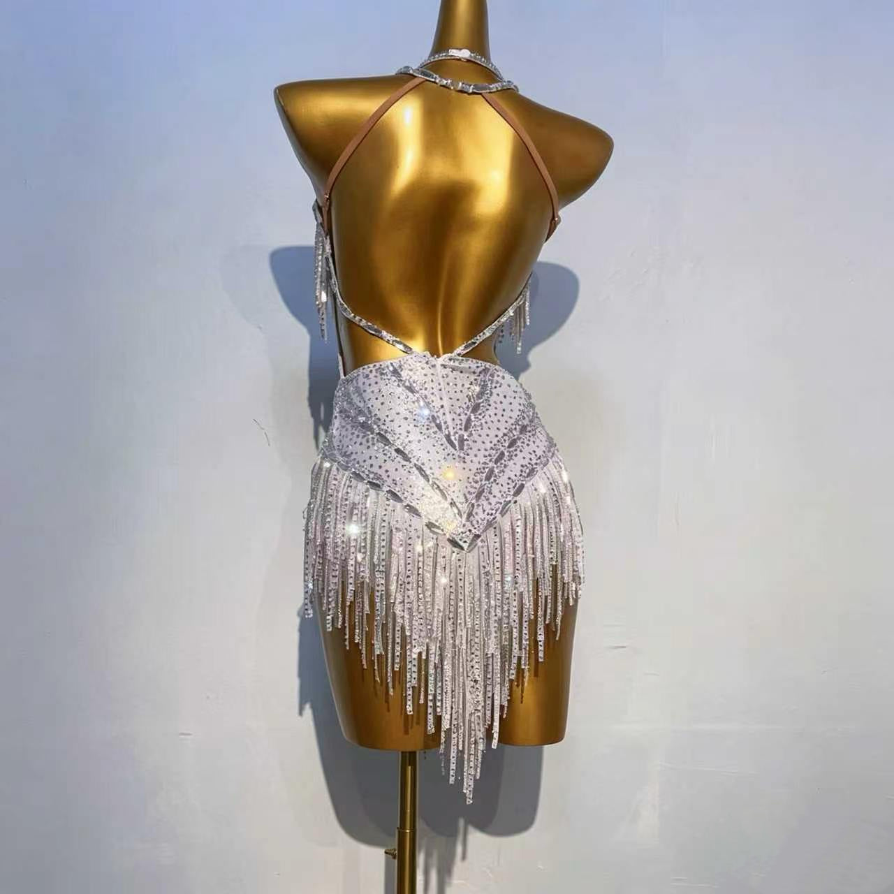 Customizable White Silver Glow Latin Dance Competition Dress