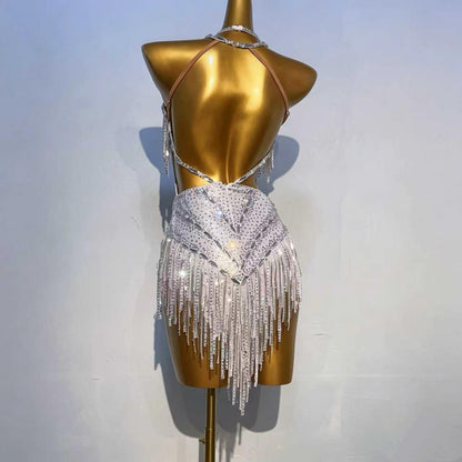 Customizable White Silver Glow Latin Dance Competition Dress