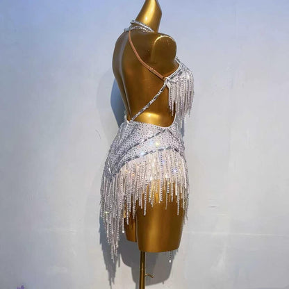 Customizable White Silver Glow Latin Dance Competition Dress