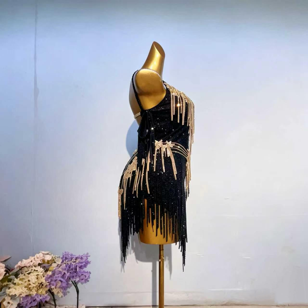 Customizable Black Gold Elegance Latin Dance Competition Dress