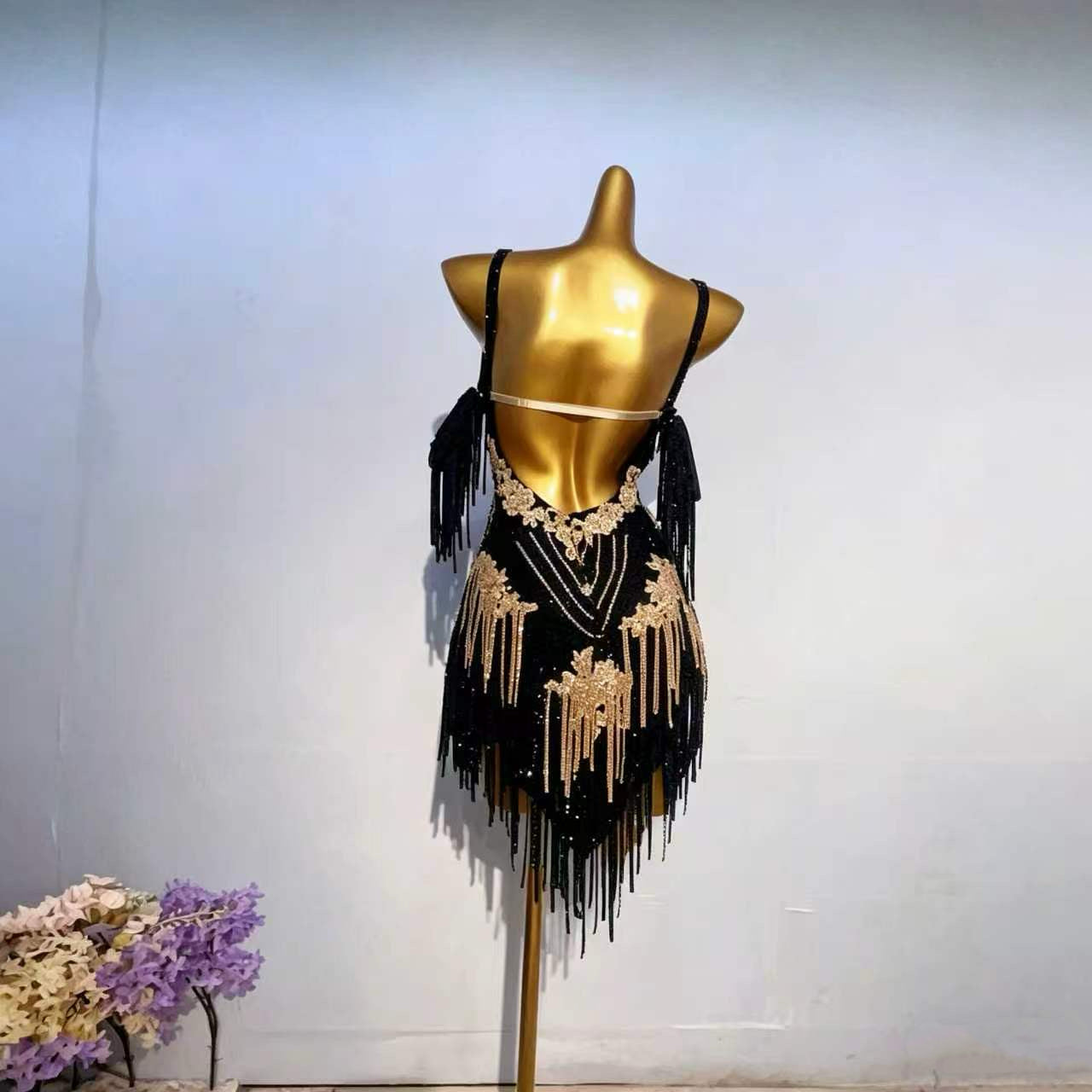 Customizable Black Gold Elegance Latin Dance Competition Dress