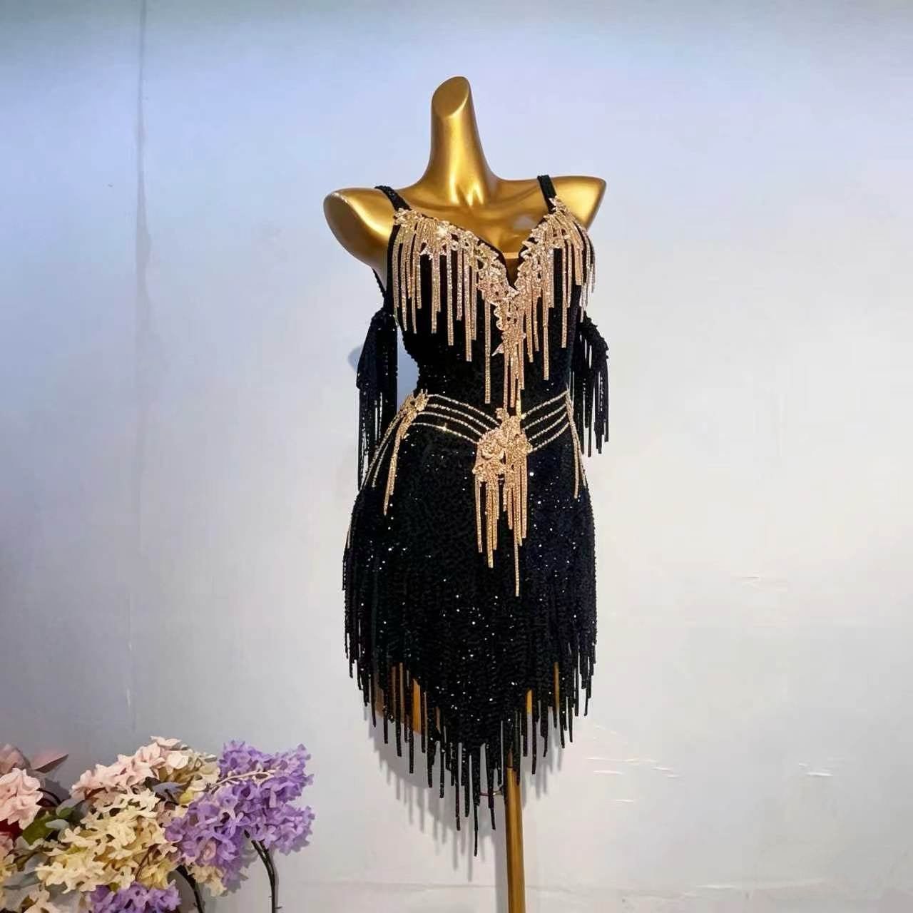 Customizable Black Gold Elegance Latin Dance Competition Dress