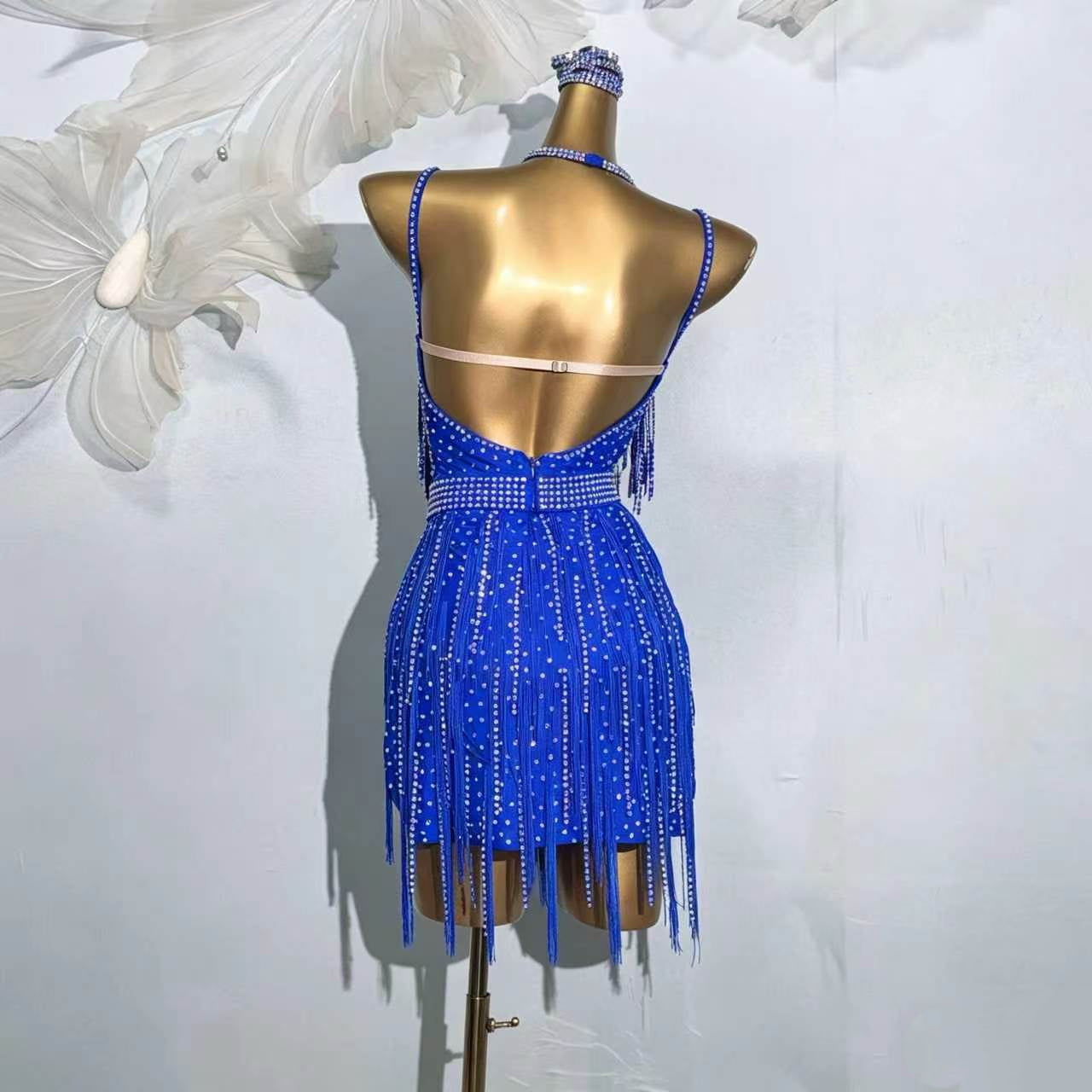 Customizable Sapphire Crystal Fringe Latin Competition Dress