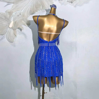 Customizable Sapphire Crystal Fringe Latin Competition Dress