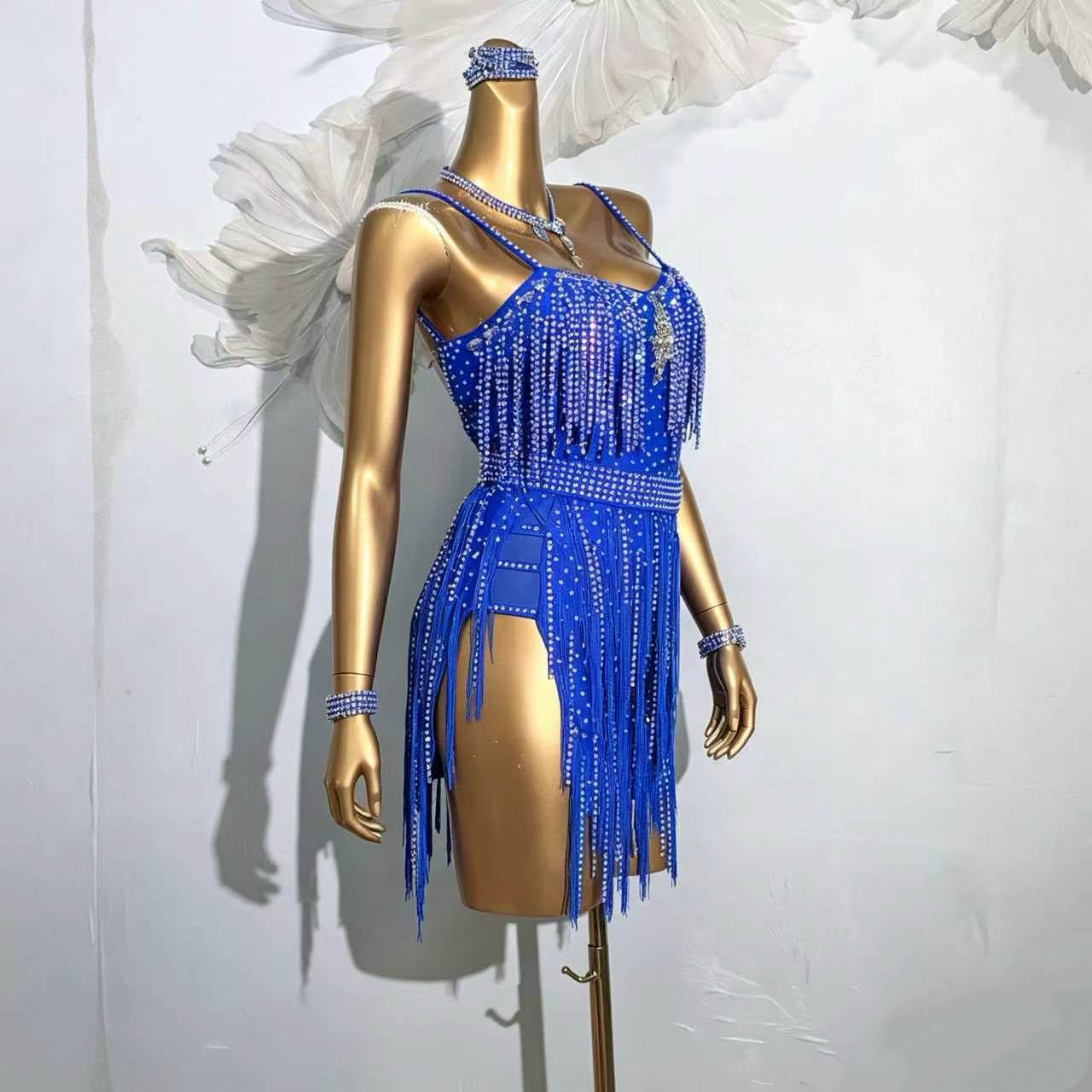 Customizable Sapphire Crystal Fringe Latin Competition Dress