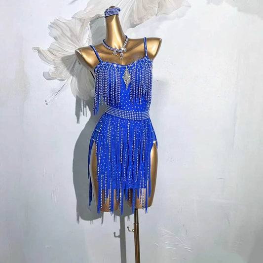 Customizable Sapphire Crystal Fringe Latin Competition Dress