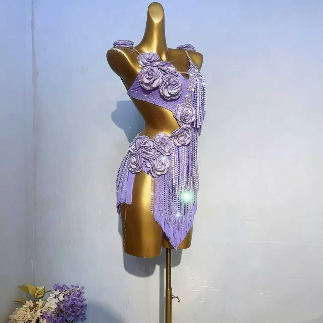 Customizable Lavender Floral Crystal Fringe Latin Competition Dress