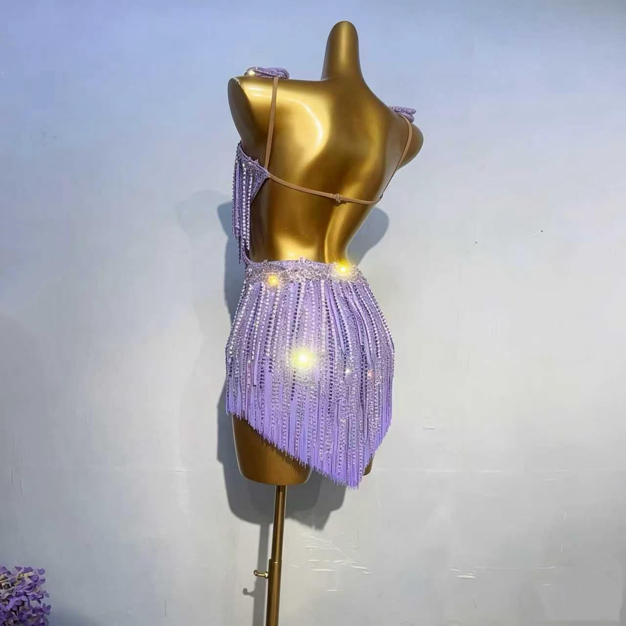 Customizable Lavender Floral Crystal Fringe Latin Competition Dress