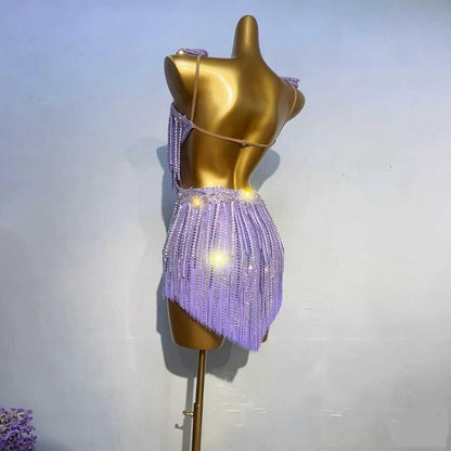 Customizable Lavender Floral Crystal Fringe Latin Competition Dress