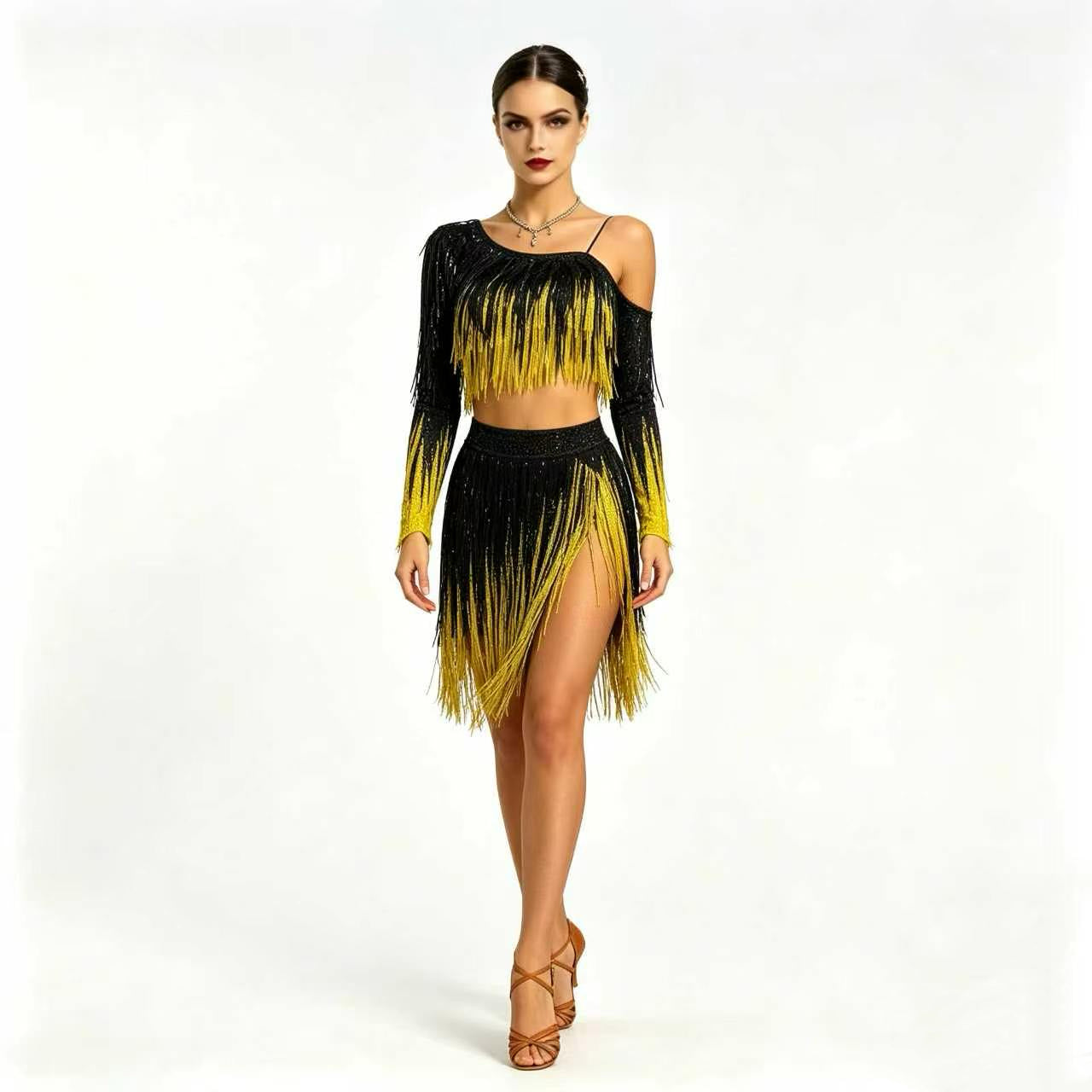 Customizable Gradient Black & Yellow Fringe Two-Piece Latin Dress