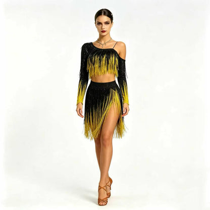 Customizable Gradient Black & Yellow Fringe Two-Piece Latin Dress