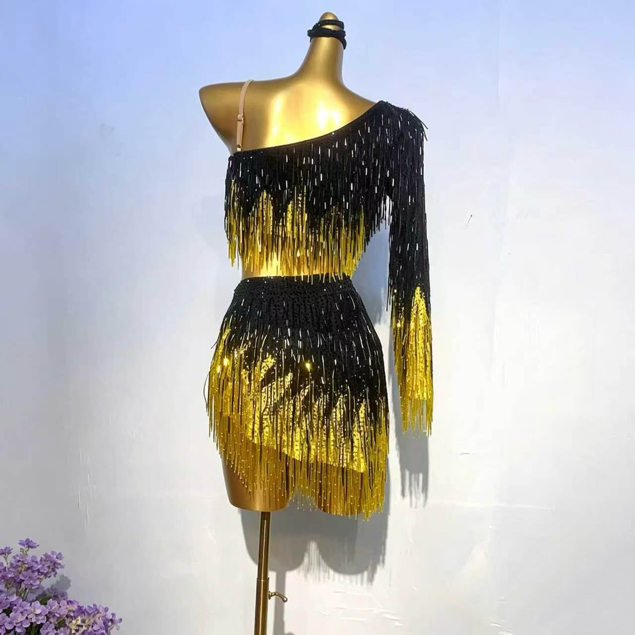 Customizable Gradient Black & Yellow Fringe Two-Piece Latin Dress