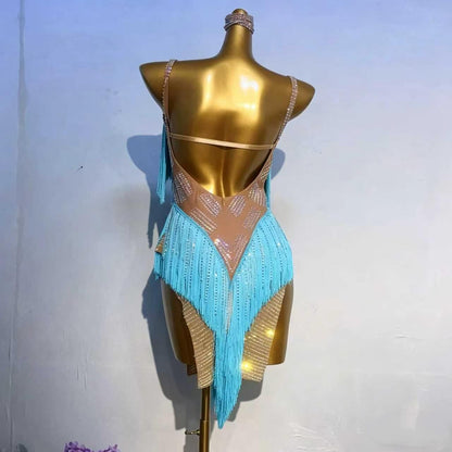 Custom Sparkling Rhinestone V-Neck Latin Performance Dress