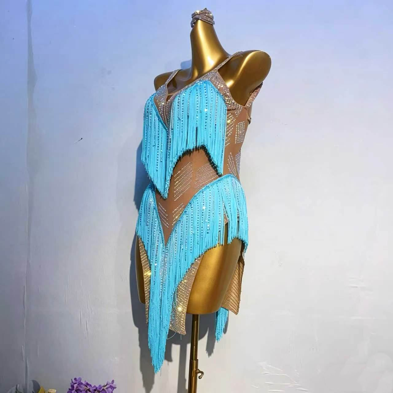 Custom Sparkling Rhinestone V-Neck Latin Performance Dress