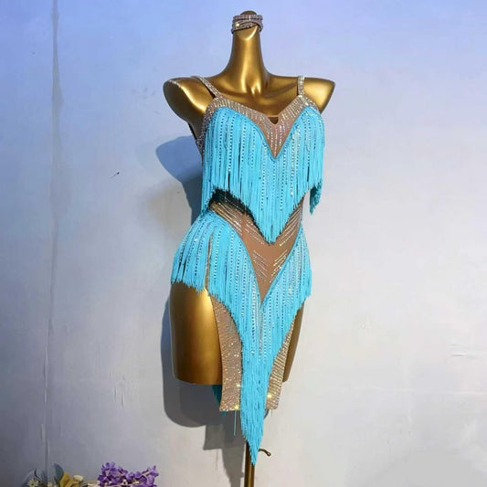 Custom Sparkling Rhinestone V-Neck Latin Performance Dress