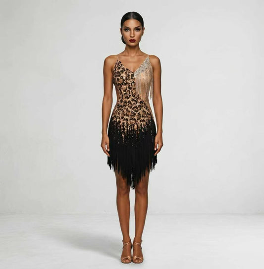 Custom Leopard Print Fringe Latin Dance Competition Dress