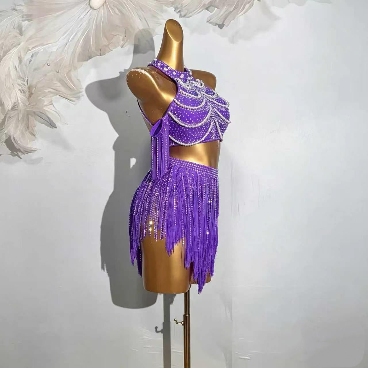 Custom Purple Rhinestone Fringe Two-Piece Latin Competition Dress