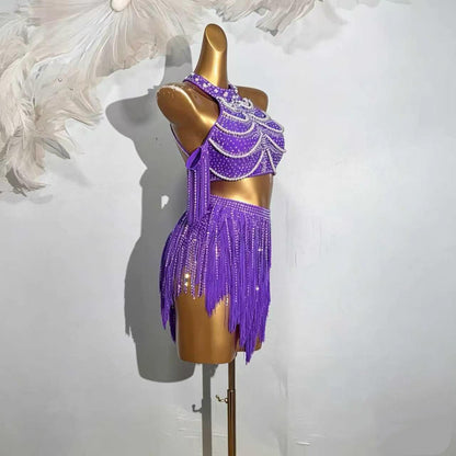 Custom Purple Rhinestone Fringe Two-Piece Latin Competition Dress