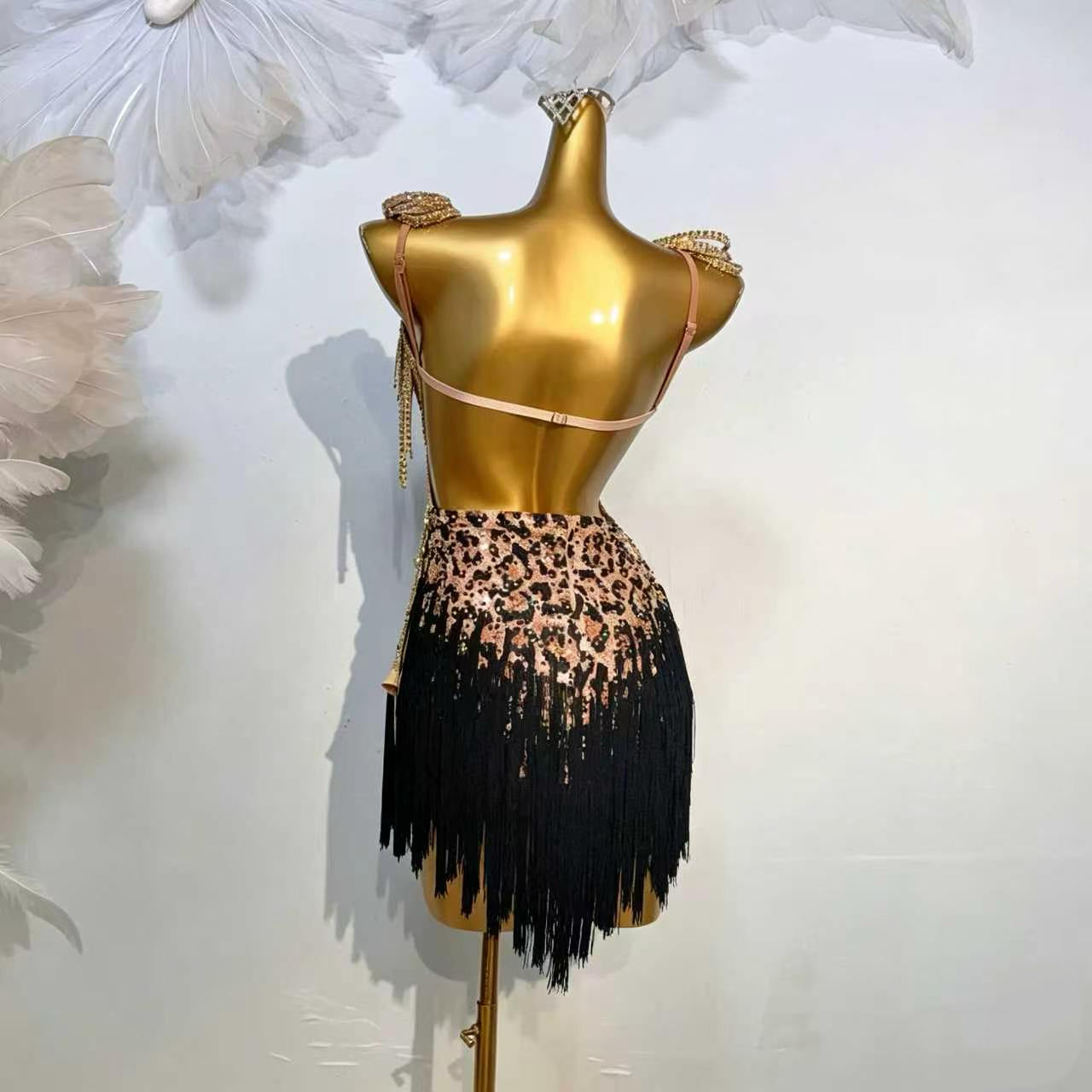 Custom Leopard Print Fringe Latin Dance Competition Dress