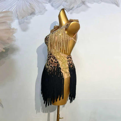 Custom Leopard Print Fringe Latin Dance Competition Dress