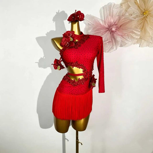 Custom One-Shoulder Rhinestone Red Latin Performance Dress