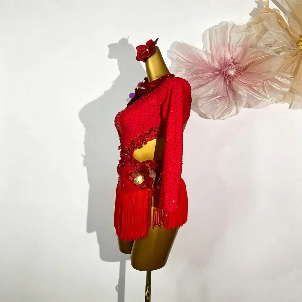 Custom One-Shoulder Rhinestone Red Latin Performance Dress