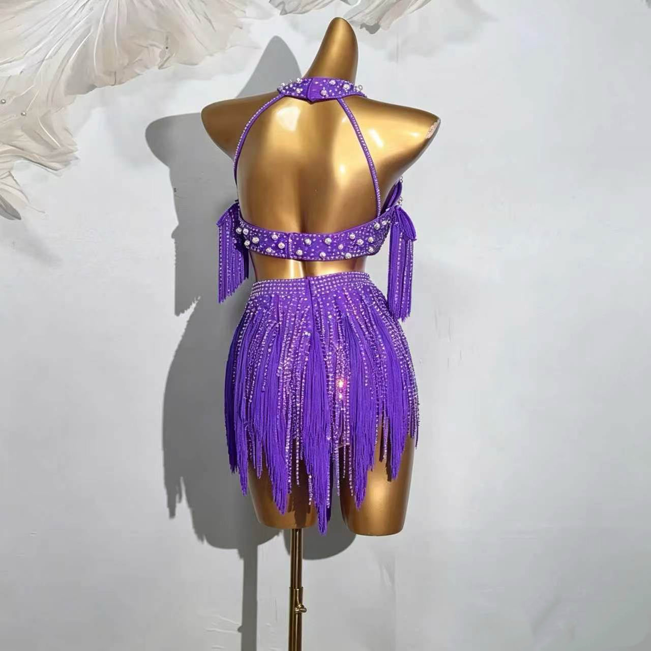 Custom Purple Rhinestone Fringe Two-Piece Latin Competition Dress