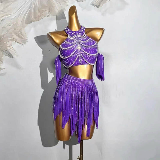 Custom Purple Rhinestone Fringe Two-Piece Latin Competition Dress