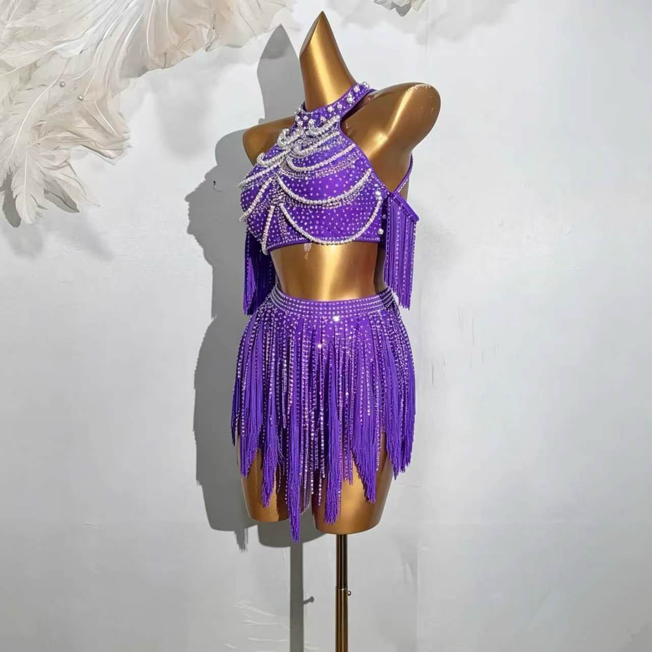 Custom Purple Rhinestone Fringe Two-Piece Latin Competition Dress