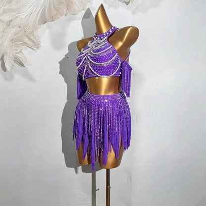 Custom Purple Rhinestone Fringe Two-Piece Latin Competition Dress