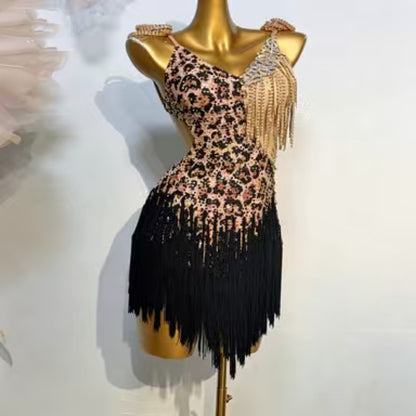 Custom Leopard Print Fringe Latin Dance Competition Dress