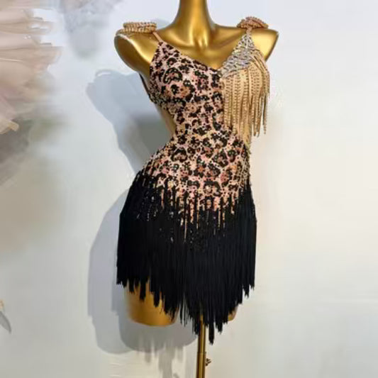 Custom Leopard Print Fringe Latin Dance Competition Dress