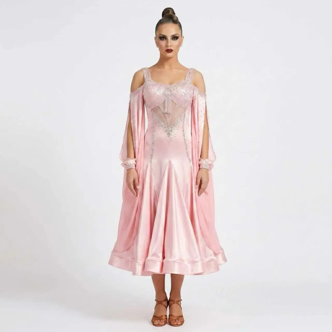 Custom Pink Satin Ballroom Competition Dress with Rhinestones