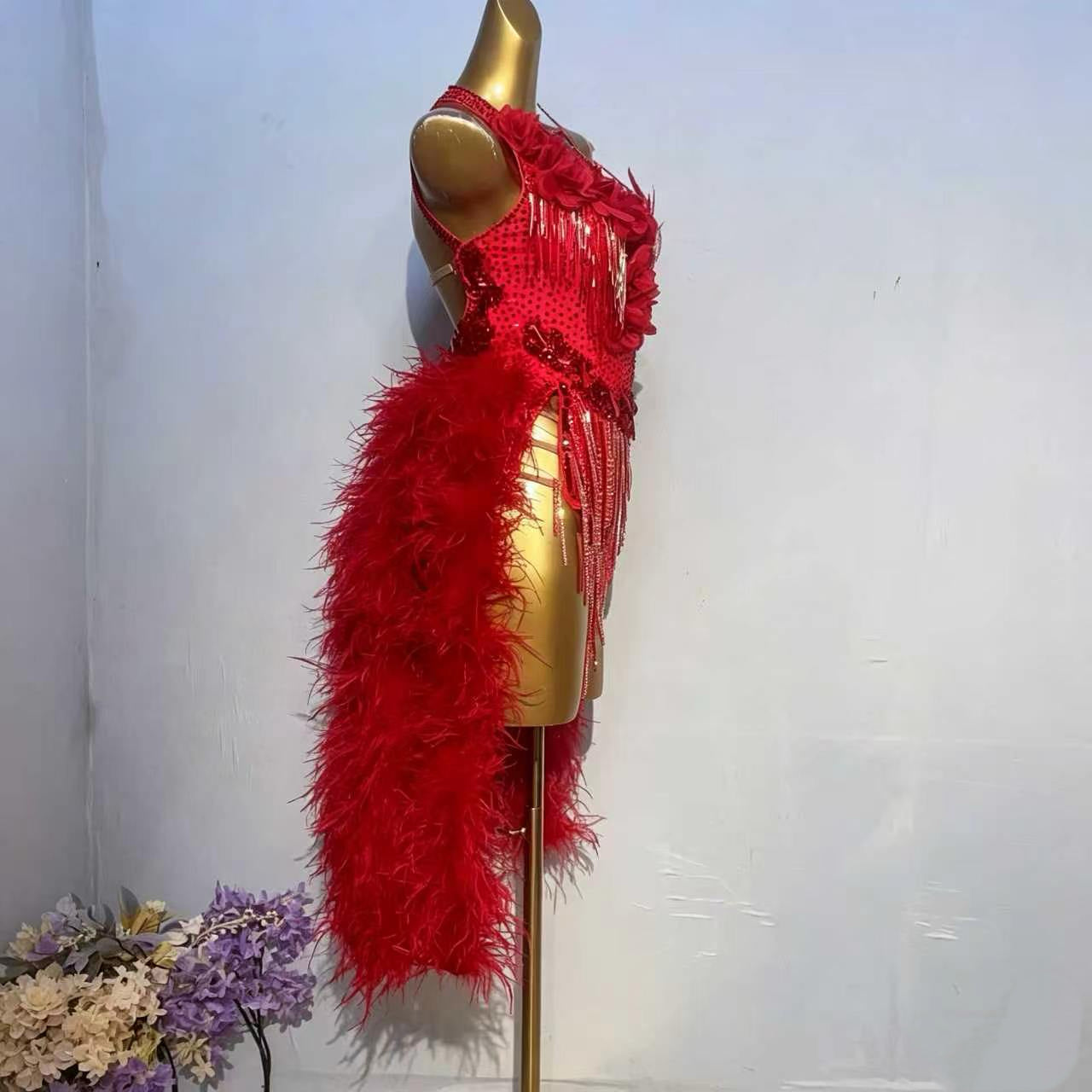 Custom Red Ostrich Feather Latin Competition Dress
