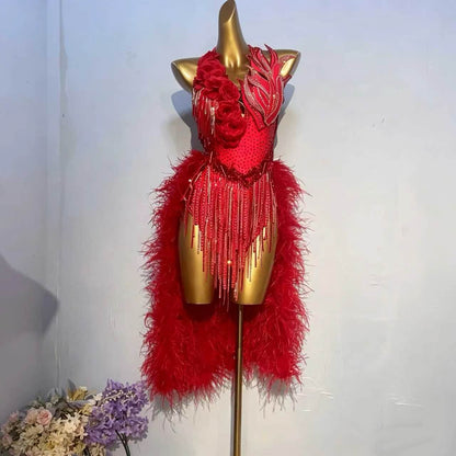 Custom Red Ostrich Feather Latin Competition Dress