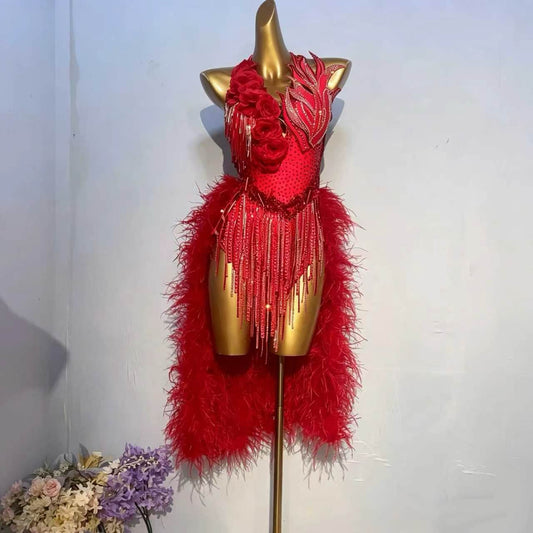 Custom Red Ostrich Feather Latin Competition Dress