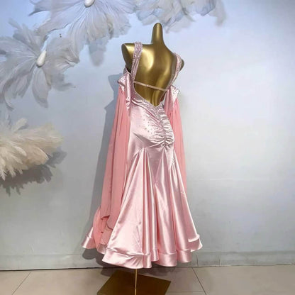 Custom Pink Satin Ballroom Competition Dress with Rhinestones