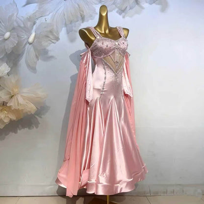 Custom Pink Satin Ballroom Competition Dress with Rhinestones