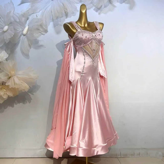 Custom Pink Satin Ballroom Competition Dress with Rhinestones