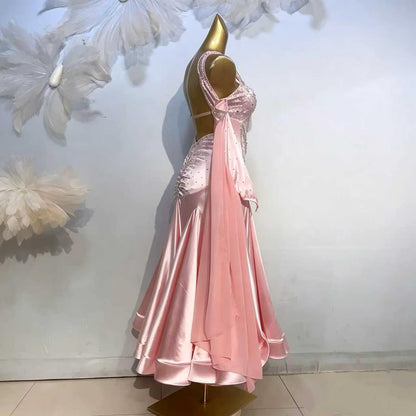 Custom Pink Satin Ballroom Competition Dress with Rhinestones