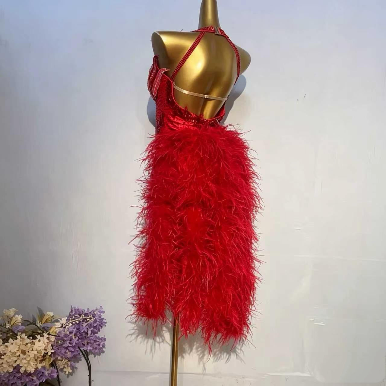 Custom Red Ostrich Feather Latin Competition Dress