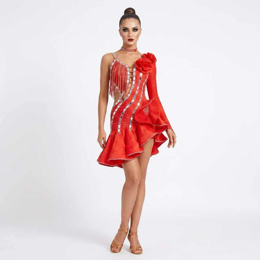 Custom Red Asymmetrical Ruffle Latin Dance Dress