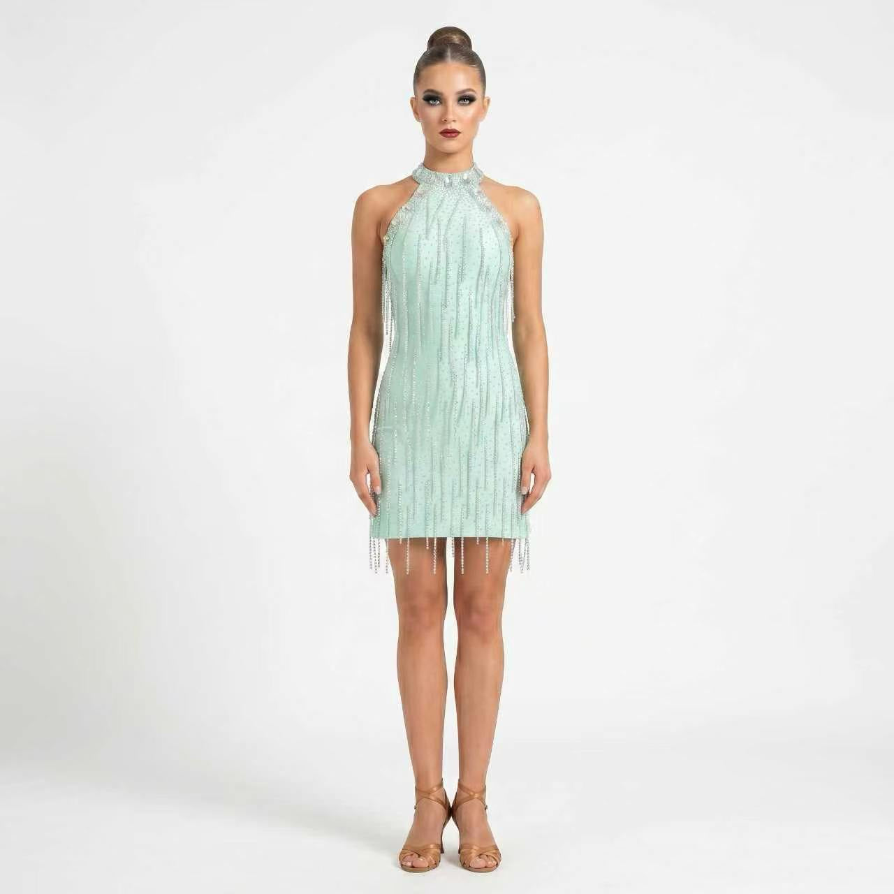 Custom Mint Green Rhinestone Halter Latin Dance Dress