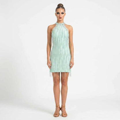 Custom Mint Green Rhinestone Halter Latin Dance Dress