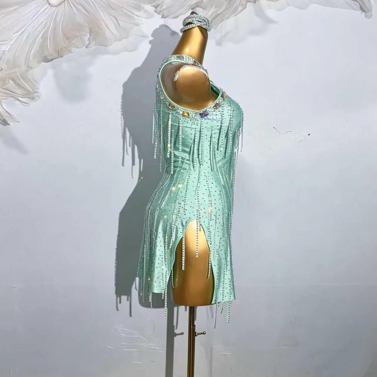 Custom Mint Green Rhinestone Halter Latin Dance Dress
