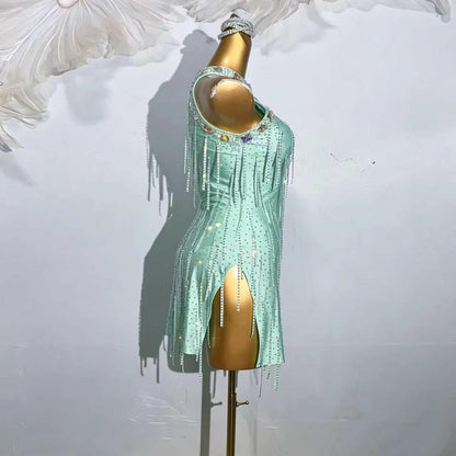 Custom Mint Green Rhinestone Halter Latin Dance Dress