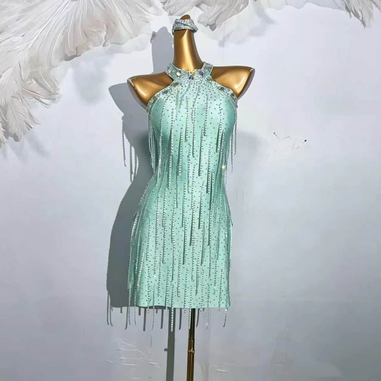 Custom Mint Green Rhinestone Halter Latin Dance Dress