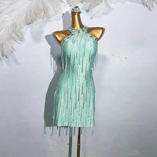 Custom Mint Green Rhinestone Halter Latin Dance Dress