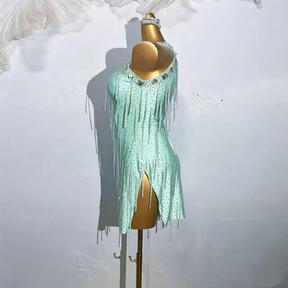 Custom Mint Green Rhinestone Halter Latin Dance Dress
