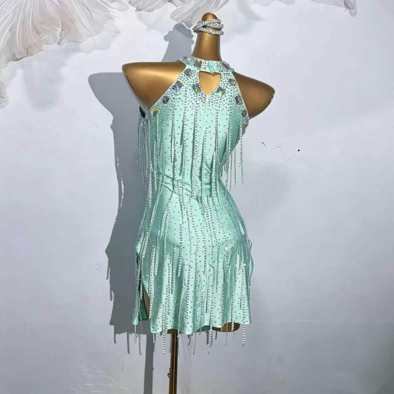 Custom Mint Green Rhinestone Halter Latin Dance Dress